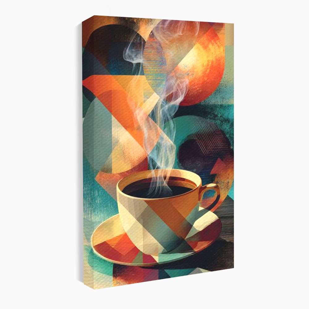 Tablou canvas cu ilustratie abstracta cu ceasca de cafea, fara rama, pe sasiu de lemn